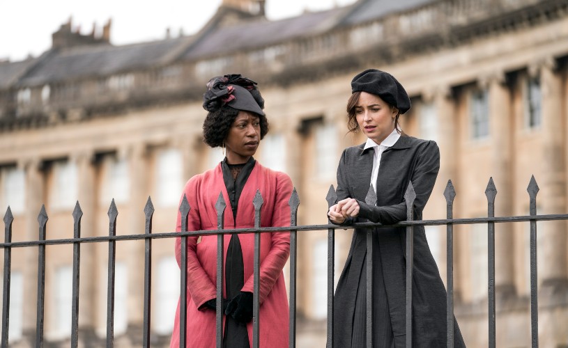 Nikki Amuka-Bird and Dakota Johnson on the Royal Crescent in Persuasion